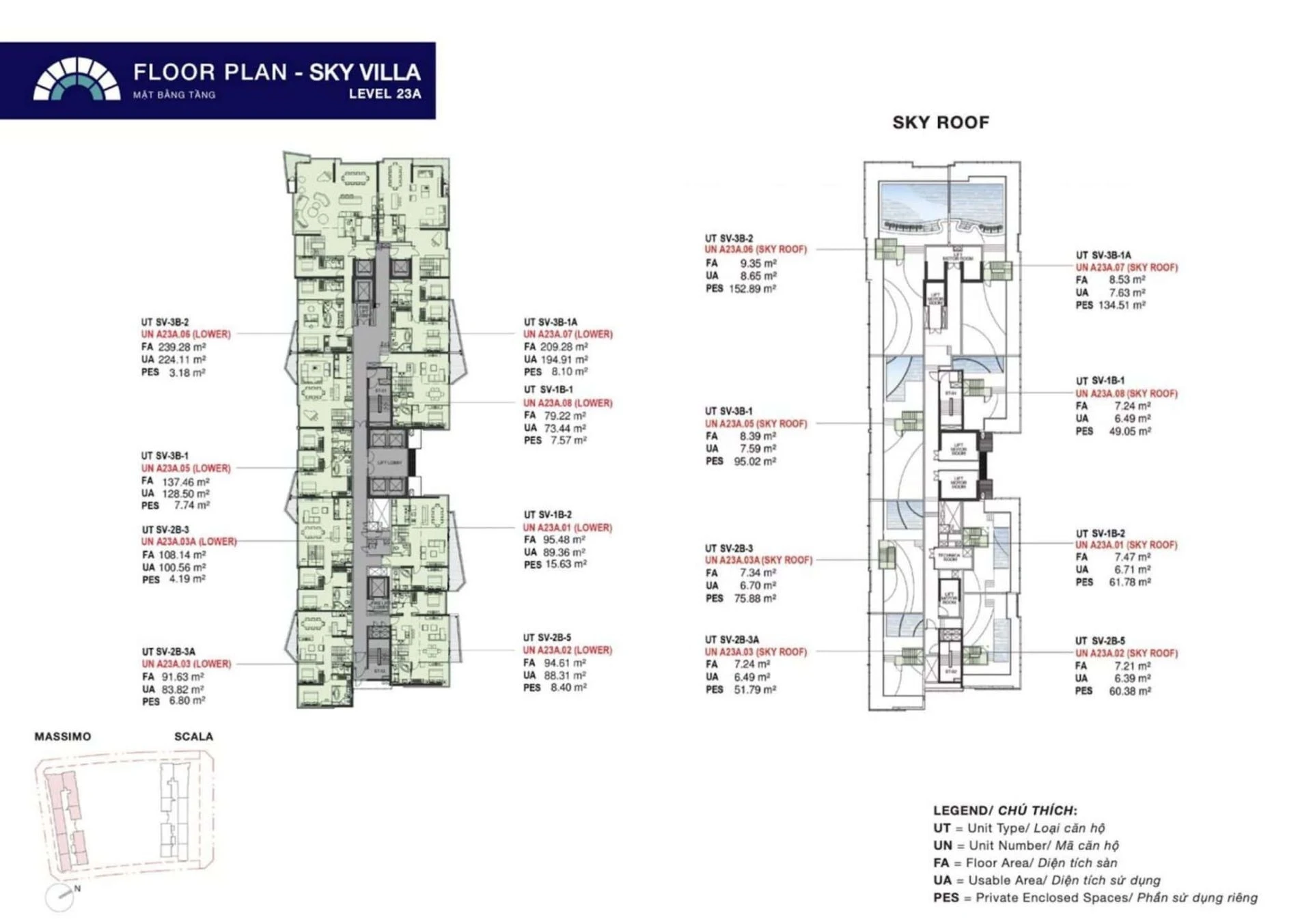 Bản vẽ mặt bằng tầng 23A bố trí các căn Sky Villa sang trọng tại tháp Massimo
