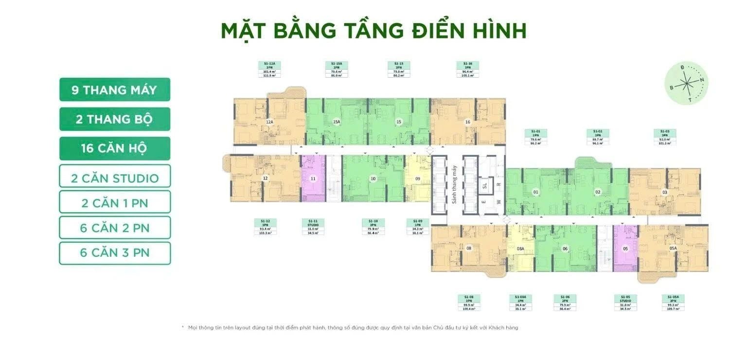 Sơ đồ mặt bằng tầng điển hình tháp căn hộ Sky Retreat bố trí 16 căn hộ và 9 thang máy