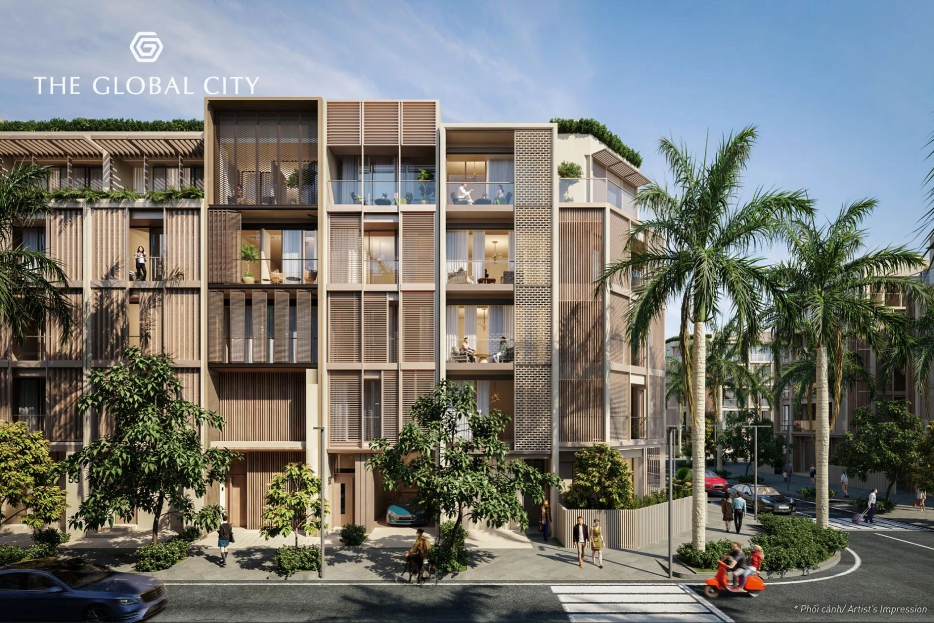 Góc nhìn trực diện mặt tiền rộng thoáng của shophouse Soho The Global City