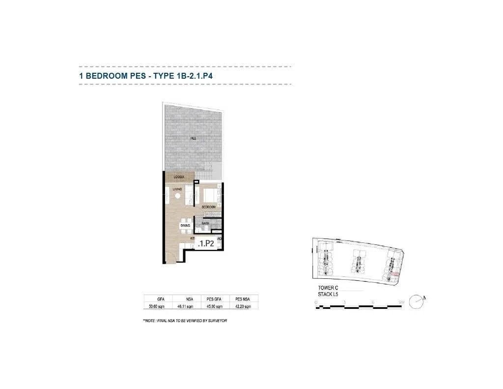 Bản vẽ thiết kế mặt bằng căn hộ 1 phòng ngủ có sân vườn PES Type 1B-2.1.P4