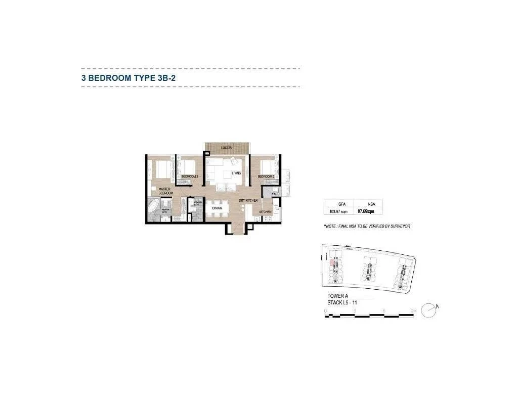 Bản vẽ thiết kế layout căn hộ 3 phòng ngủ Type 3B-2 tháp A tại The Galleria Residence