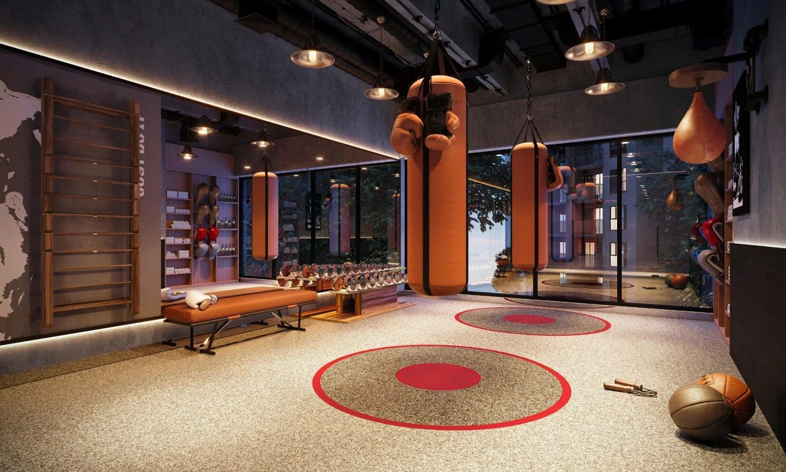 Khu vực tập Boxing với bao cát và sàn đấu tại The Privé
