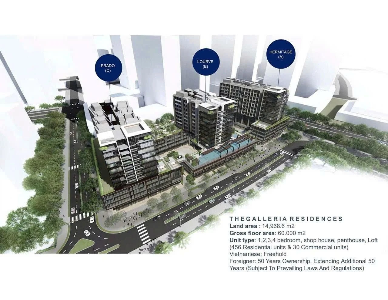 Phối cảnh mặt bằng tổng thể 3 block căn hộ The Galleria Residence nhìn từ trên cao