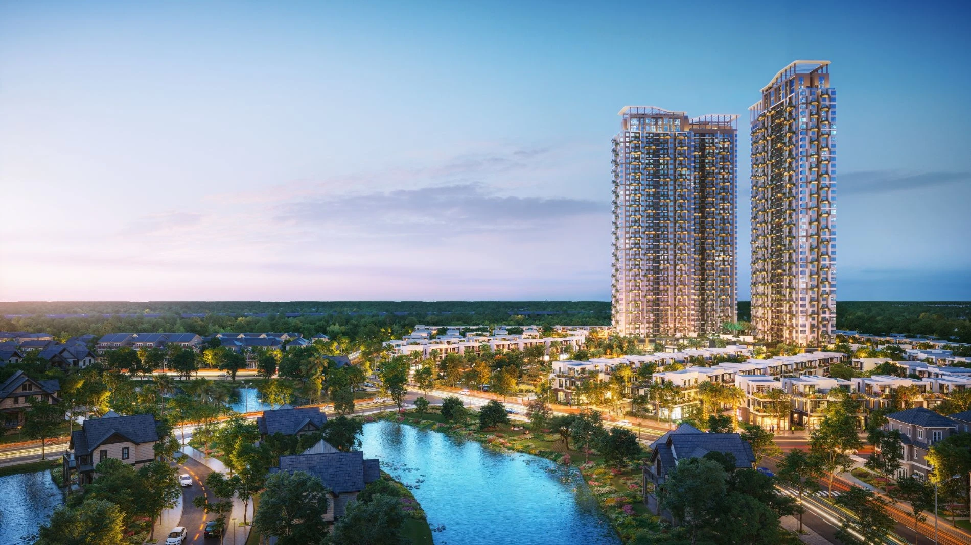 Phối cảnh tổng thể dự án Sky Retreat ban đêm nhìn từ trên cao