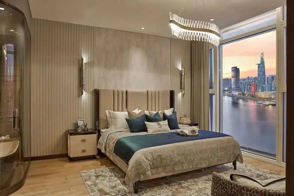 Phòng ngủ master The Opusk Residence bàn giao sàn gỗ tự nhiên