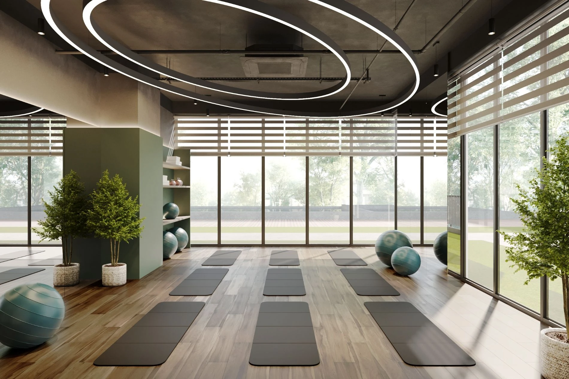 Không gian phòng tập yoga trong nhà với sàn gỗ và cửa kính lớn nhìn ra thiên nhiên