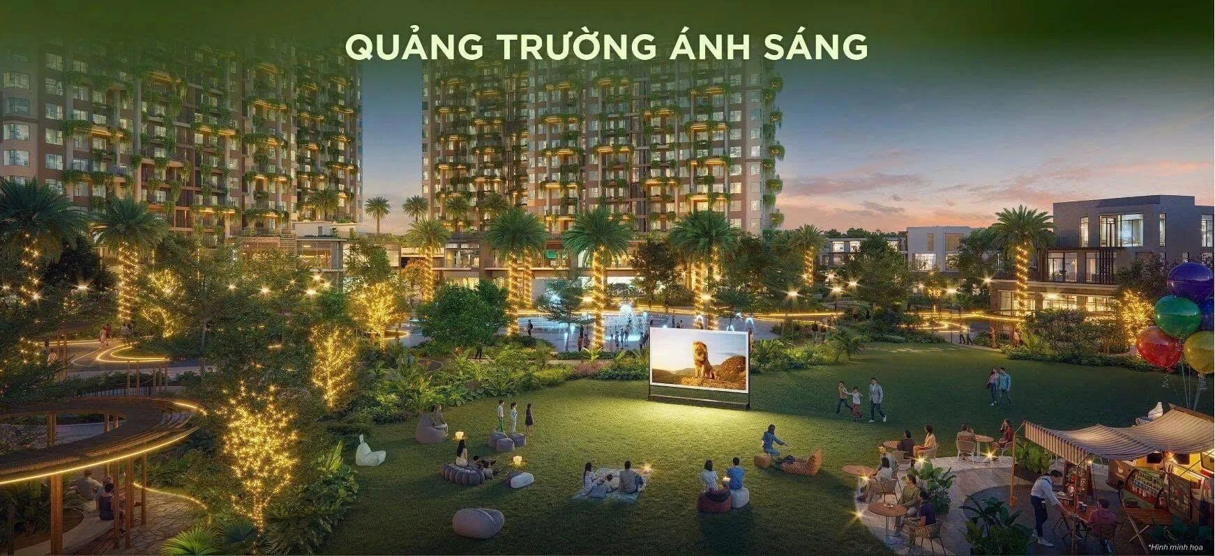 Cư dân đang thư giãn, xem phim ngoài trời tại Quảng trường Ánh Sáng trên bãi cỏ xanh.