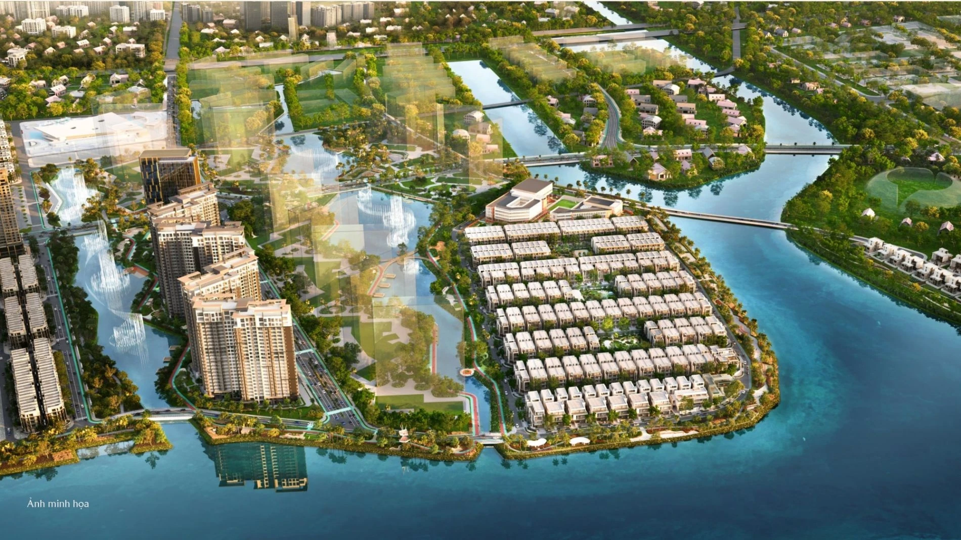 Toàn cảnh phân khu Sola Đảo Ánh Dương với ba mặt giáp sông Rạch Chiếc