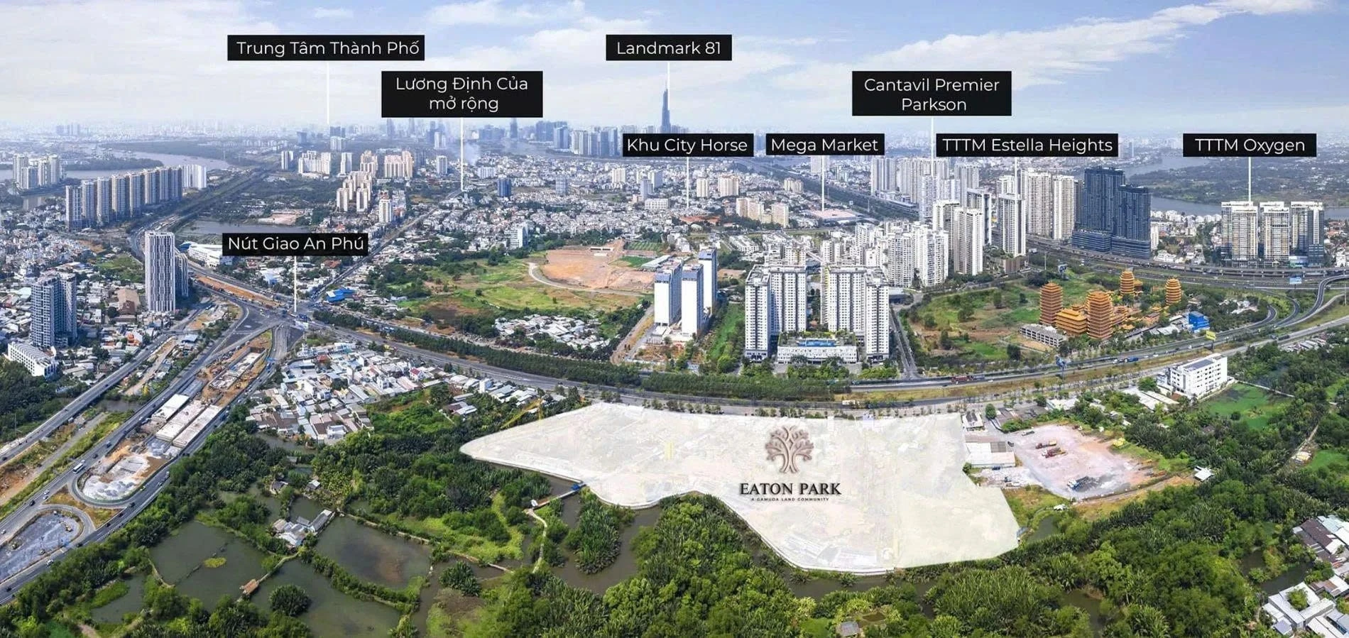 Góc nhìn flycam từ quỹ đất Eaton Park hướng về Landmark 81 và cụm trung tâm thương mại Estella Heights