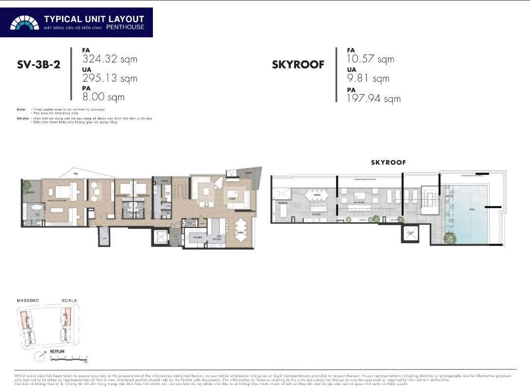 Sơ đồ mặt bằng siêu penthouse 3 phòng ngủ SV-3B-2 The Opera Residence Thủ Thiêm