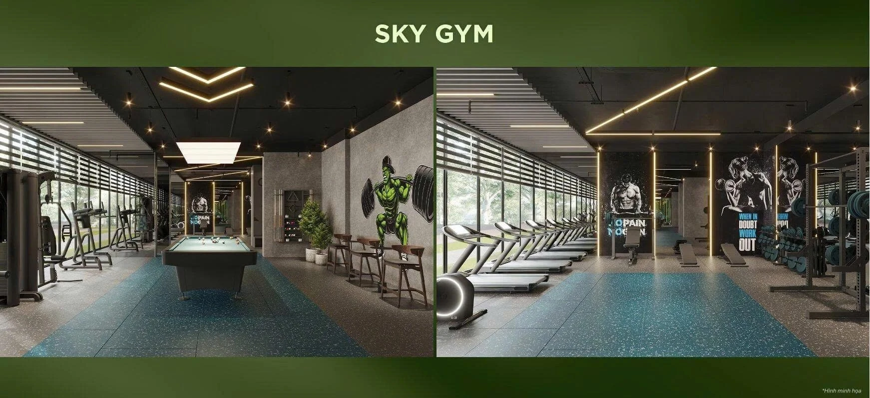 Không gian phòng tập gym rộng rãi với đầy đủ thiết bị tập luyện và bàn bida giải trí.
