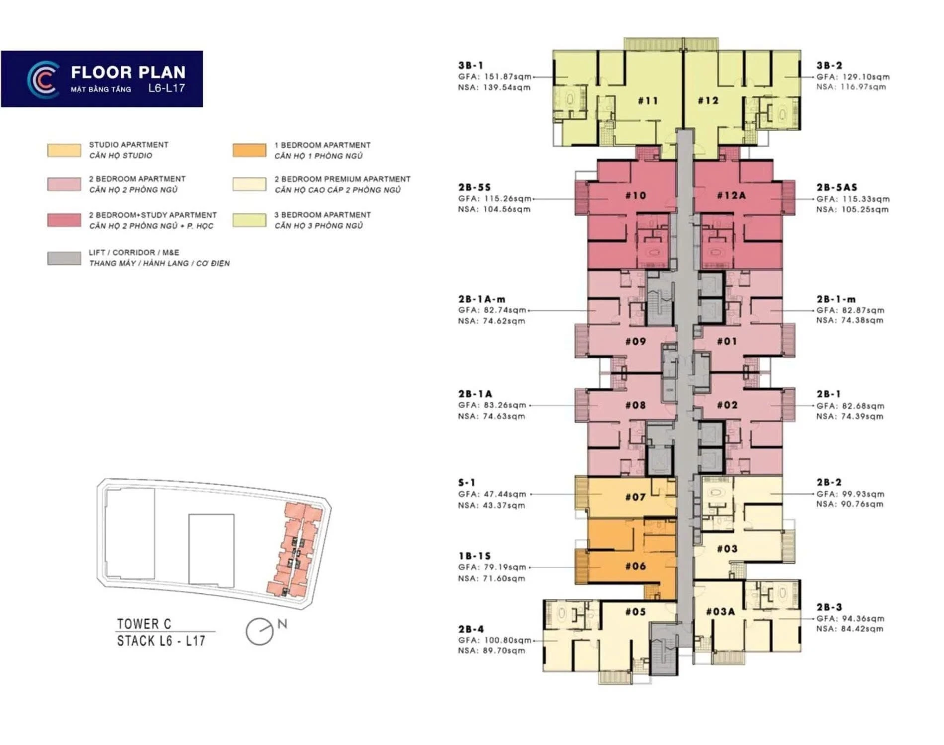 Sơ đồ mặt bằng căn hộ từ tầng 6 đến tầng 17 tháp C The Metropole Thủ Thiêm