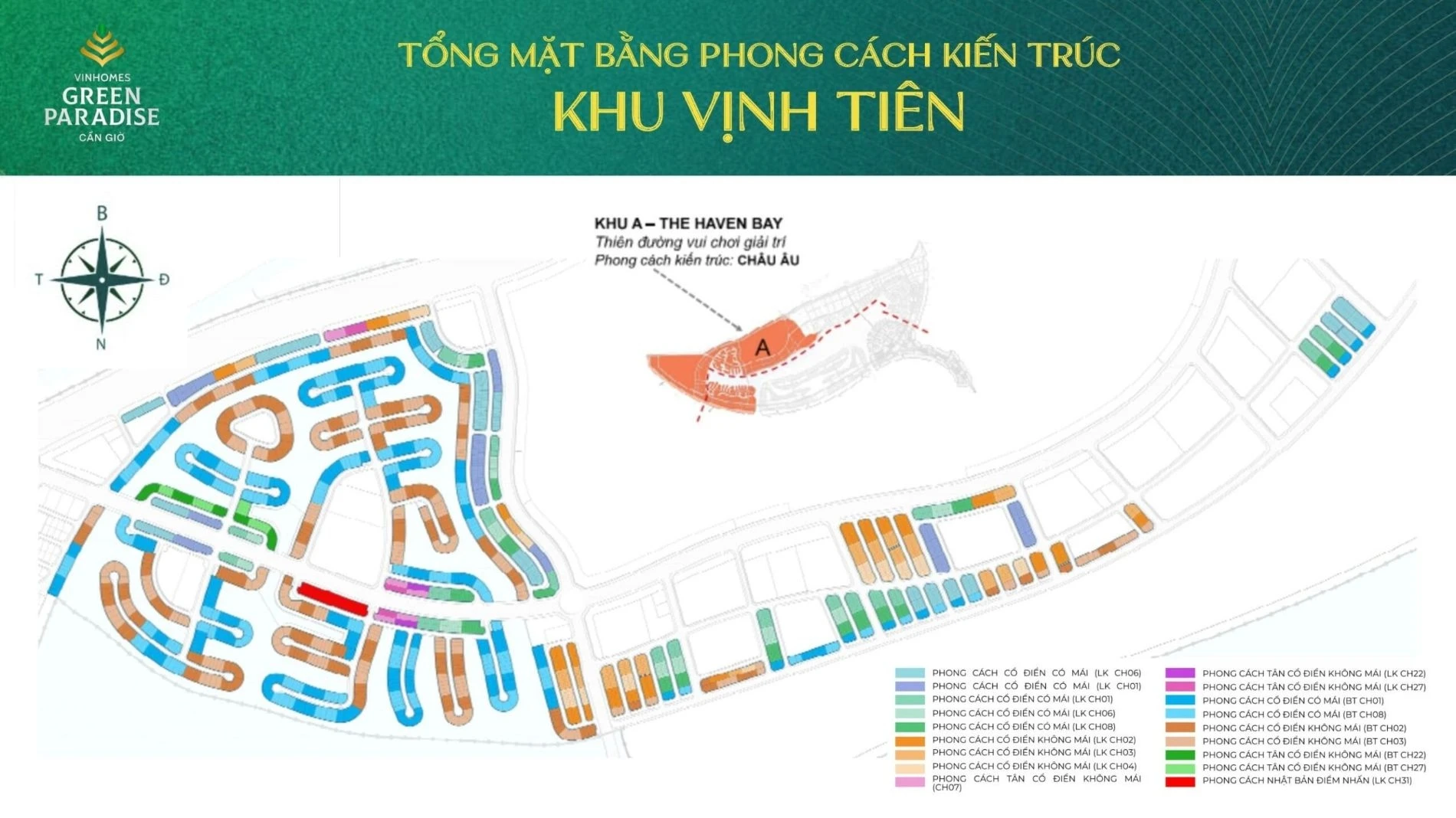 Sơ đồ phân bổ phong cách kiến trúc các phân khu nhỏ tại Vịnh Tiên Vinhomes Cần Giờ