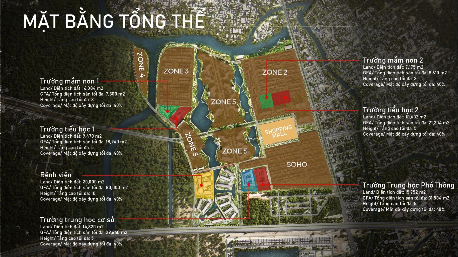 Mặt bằng tổng thể 117.4 ha của dự án The Global City phân bổ các khu vực chức năng