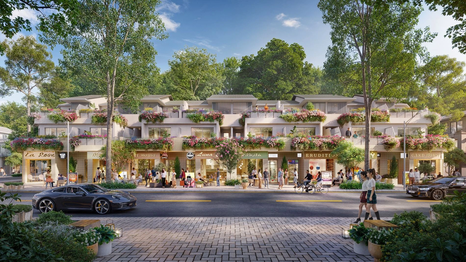 Phối cảnh tuyến phố thương mại sầm uất dưới chân các tòa nhà phố Townhouse Rừng Mai