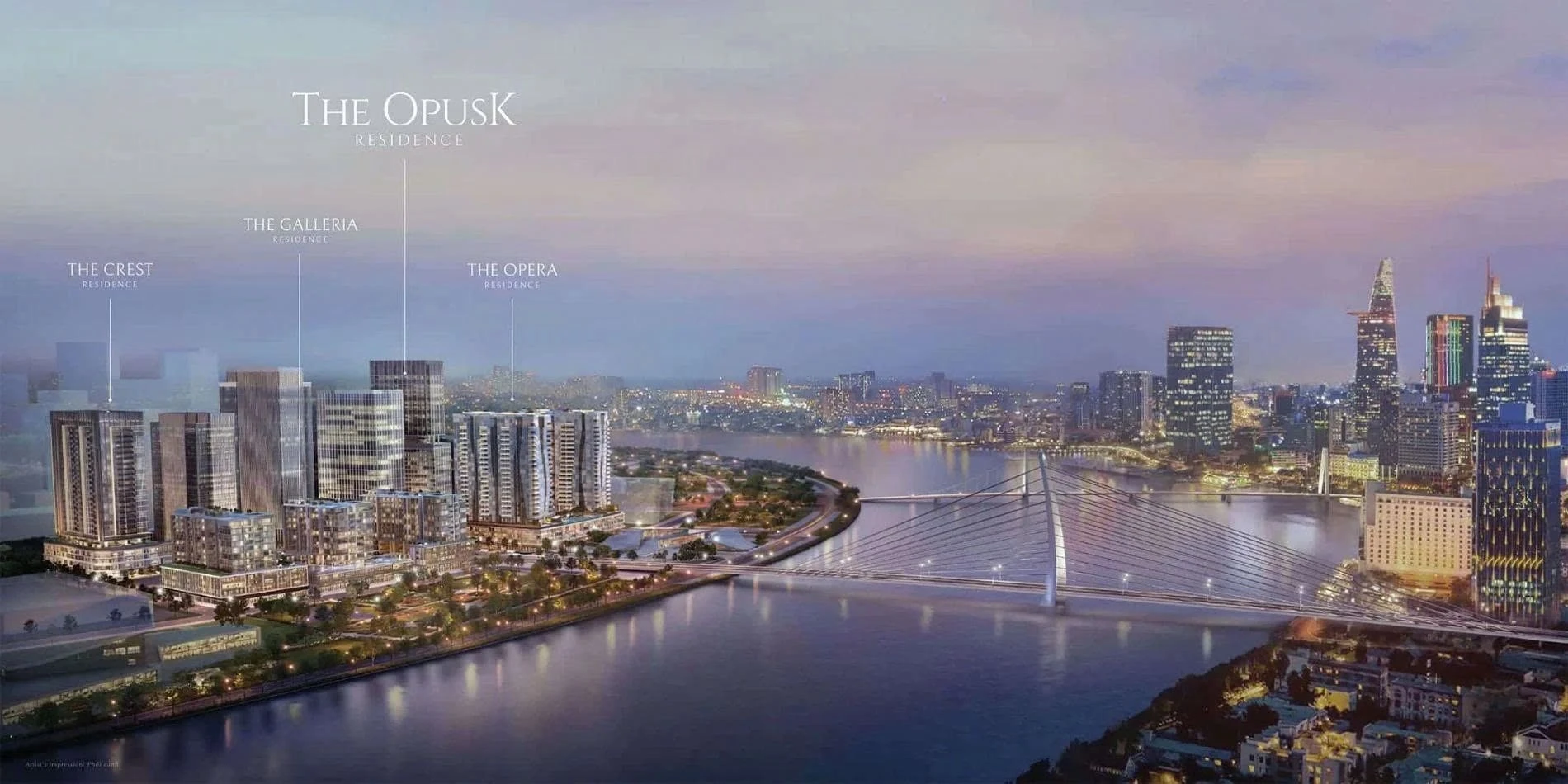 Phối cảnh kiến trúc 4 phân khu The Galleria, The Crest, The Opera và The OpusK của dự án The Metropole Thủ Thiêm nhìn từ trên cao