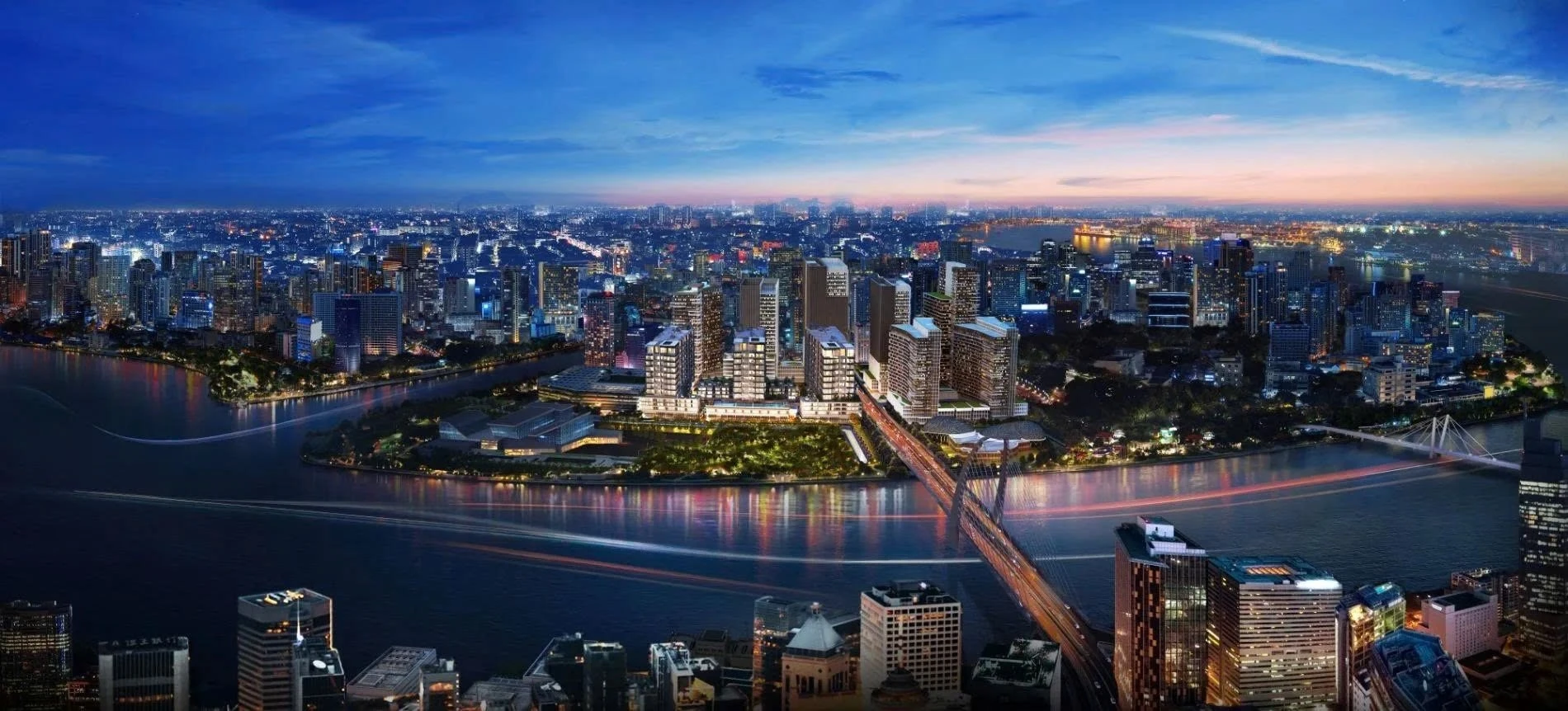 Phối cảnh tổng thể dự án The Metropole Thủ Thiêm nhìn từ trên cao về đêm với ánh đèn lung linh