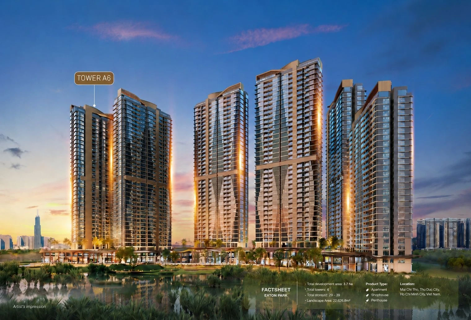 Phối cảnh tổng thể dự án Eaton Park Gamuda Land với các tòa tháp cao tầng hiện đại ven sông