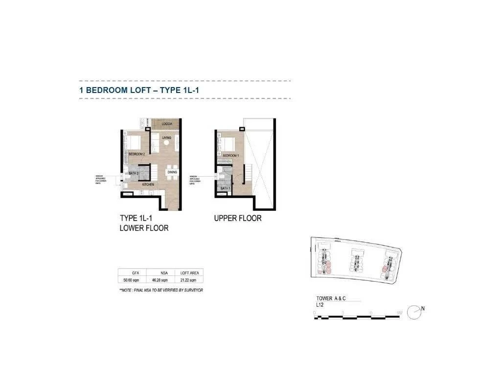 Bản vẽ thiết kế mặt bằng căn hộ 1 phòng ngủ thông tầng Loft Type 1L-1