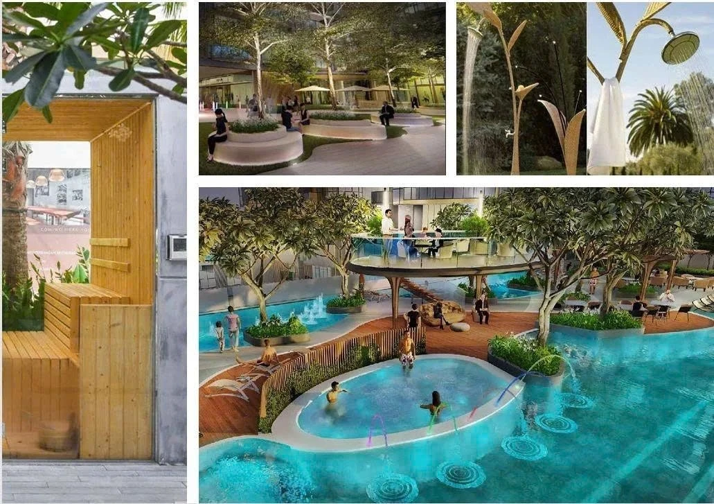 Khu vực hồ bơi ngoài trời và cảnh quan cây xanh nhiệt đới tại dự án The Metropole Thủ Thiêm