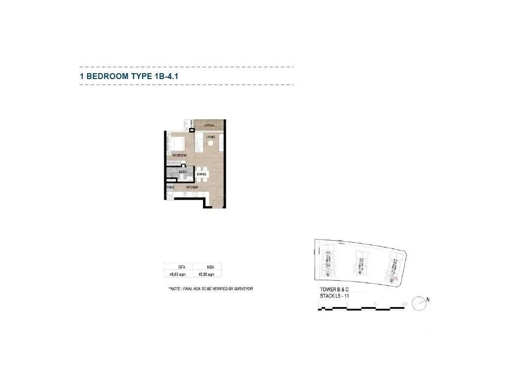 Bản vẽ thiết kế layout căn hộ 1 phòng ngủ Type 1B-4.1 tại The Galleria Residence