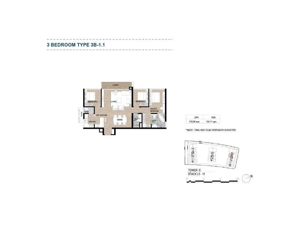 Bản vẽ thiết kế layout căn hộ 3 phòng ngủ Type 3B-1.1 tại The Galleria Residence