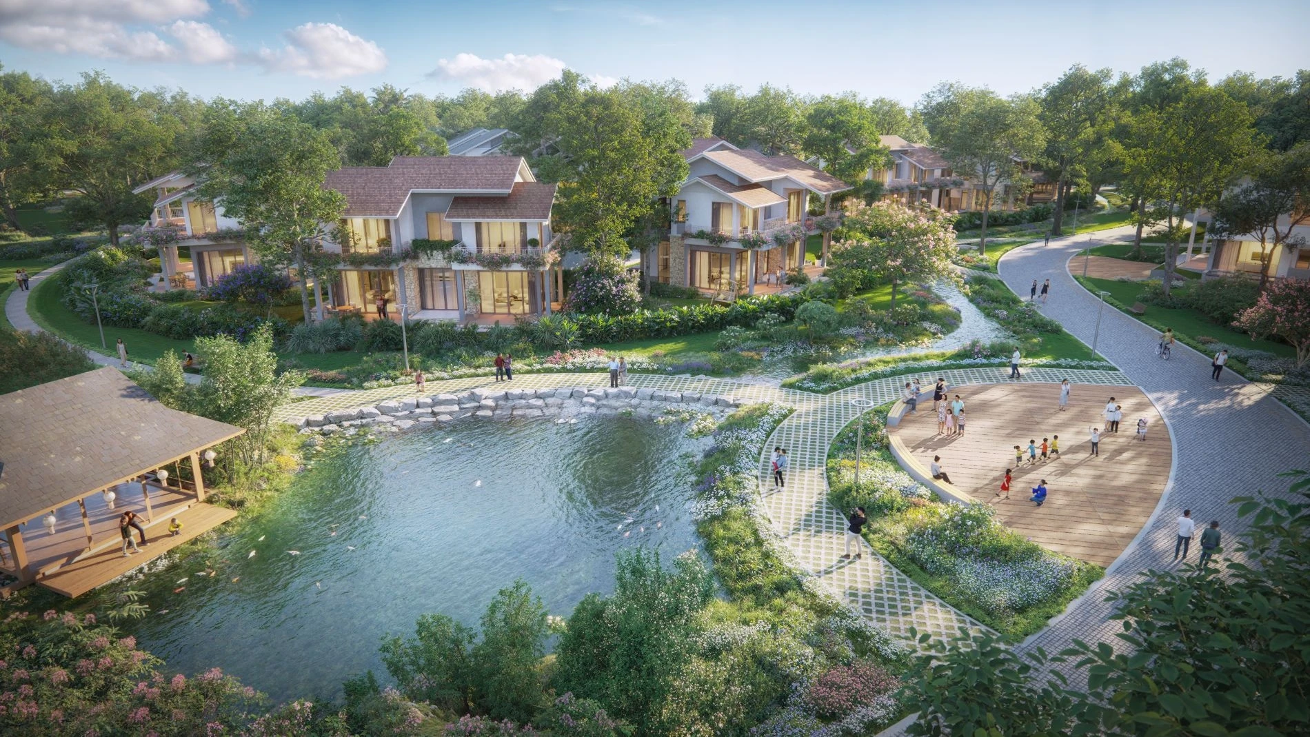 Khu vực hồ cá Koi với chòi nghỉ chân bằng gỗ mang phong cách Nhật Bản tại Retreat Forest