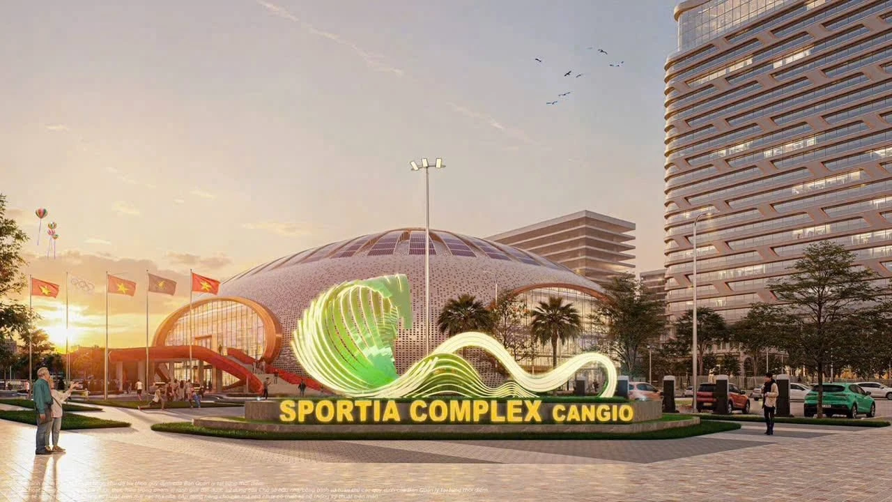 Phối cảnh mặt ngoài của nhà thi đấu đa năng Sportia Complex tại khu đô thị Vinhomes Green Paradise.