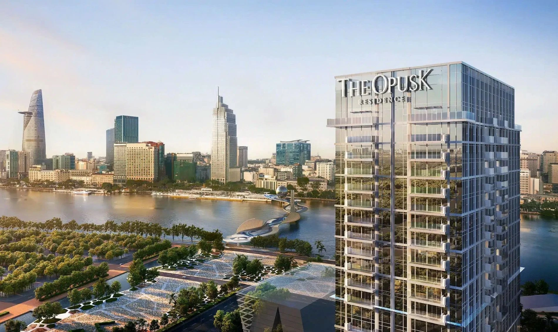 Phối cảnh tòa tháp The Opusk Residence nằm sát sông Sài Gòn và cầu đi bộ Thủ Thiêm