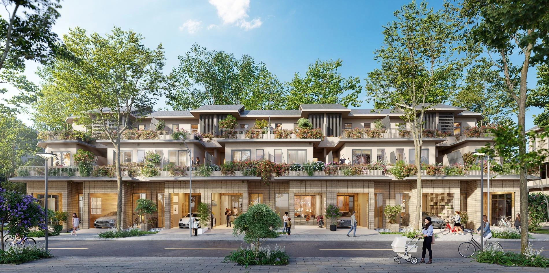 Góc nhìn tổng thể mặt ngoài dãy nhà phố Townhouse Rừng Mai hòa quyện cùng thiên nhiên