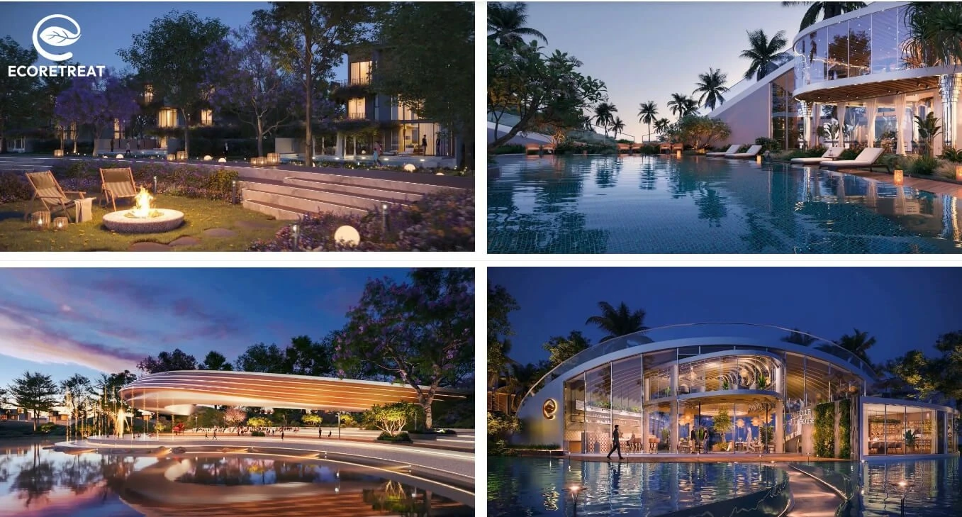 Cảnh quan hồ bơi, khu vực đốt lửa trại và clubhouse lên đèn rực rỡ vào buổi tối.