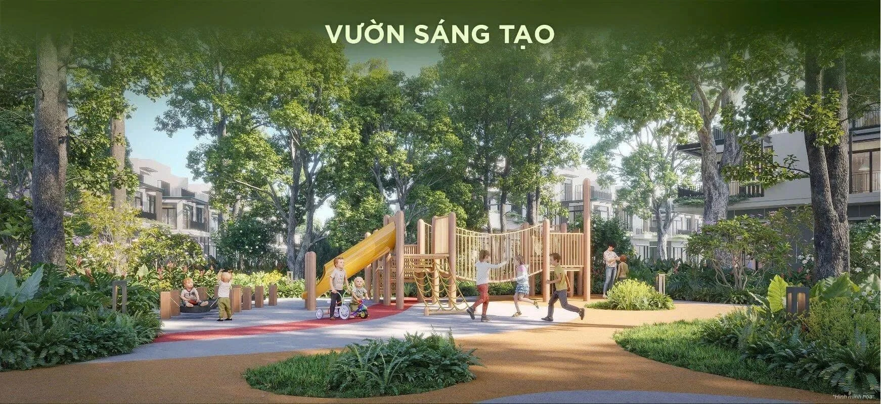 Khu vui chơi ngoài trời với các thiết bị vận động bằng gỗ an toàn cho trẻ em.