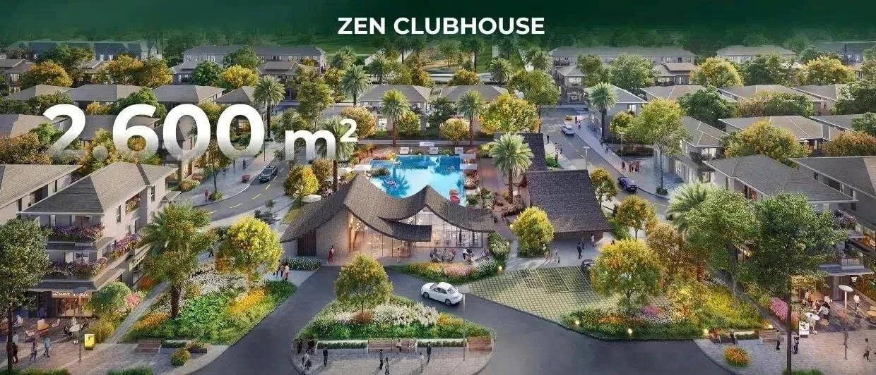 Phối cảnh Zen Clubhouse rộng 2.600m2 với hồ bơi trung tâm và thiết kế mái ngói truyền thống.