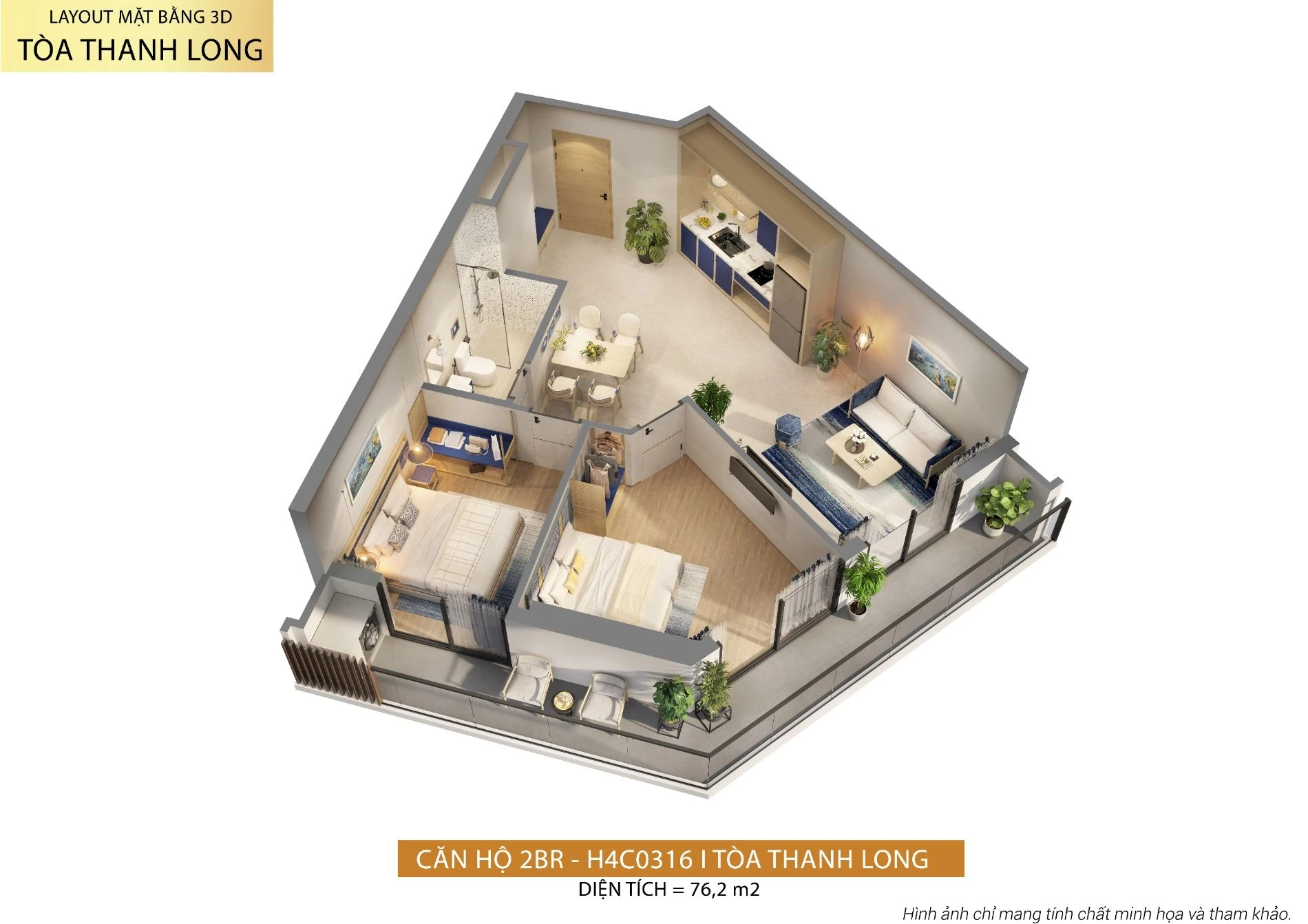 Bản vẽ 3D căn hộ 2 phòng ngủ diện tích 76.2 m2 tại tháp Thanh Long
