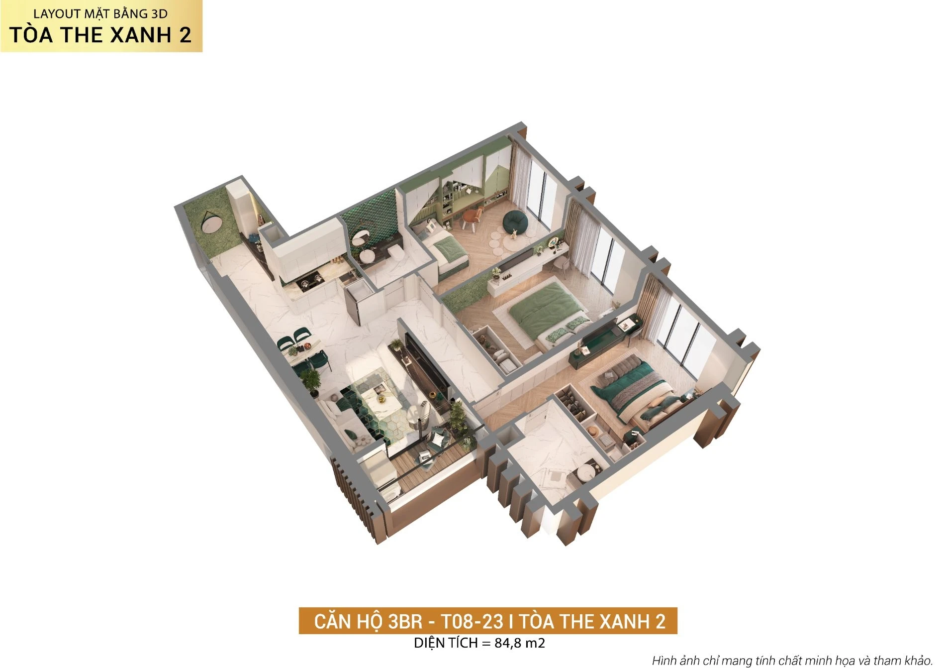 Bản vẽ 3D căn hộ 3 phòng ngủ diện tích 84.8 m2 tại tháp The Xanh 2