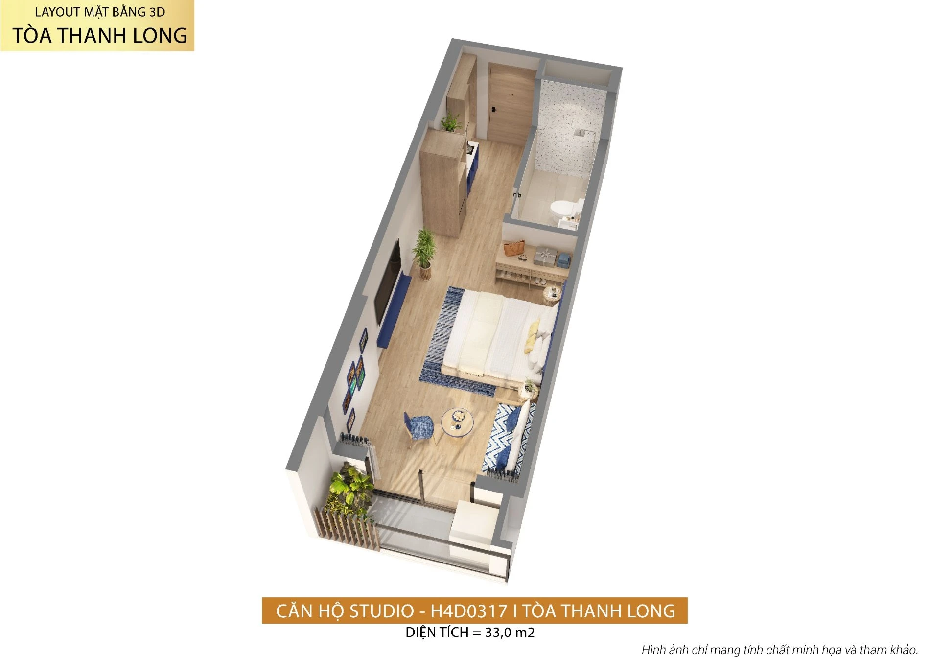 Bản vẽ 3D căn hộ Studio diện tích 33 m2 tại tháp Thanh Long