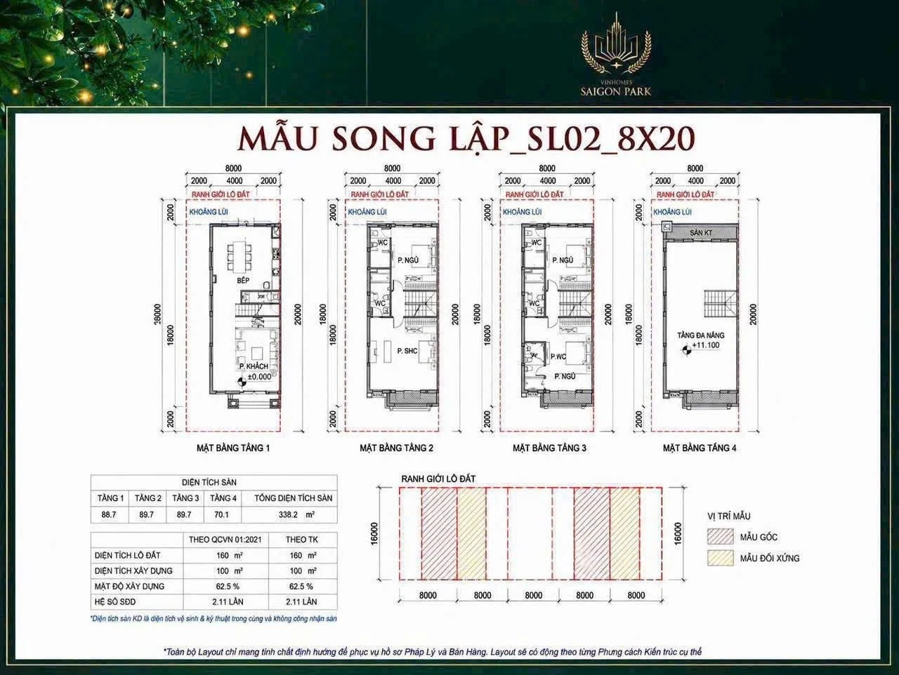 Bản vẽ layout mặt bằng biệt thự song lập mẫu SL02 diện tích 8x20m tại Vinhomes Sài Gòn Park
