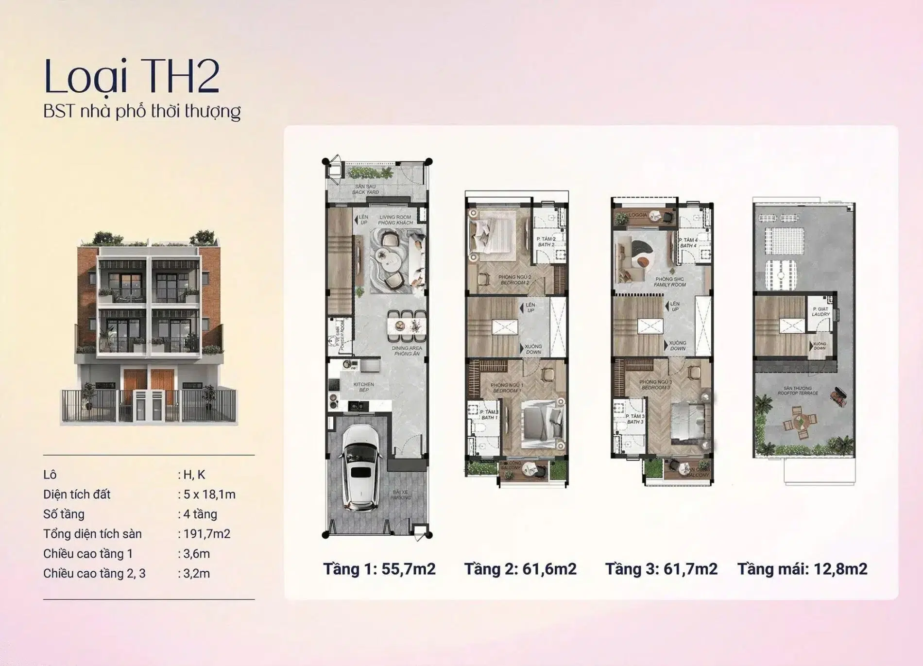 Bản vẽ mặt bằng các tầng của nhà phố thời thượng loại TH2 dự án Spring Ville