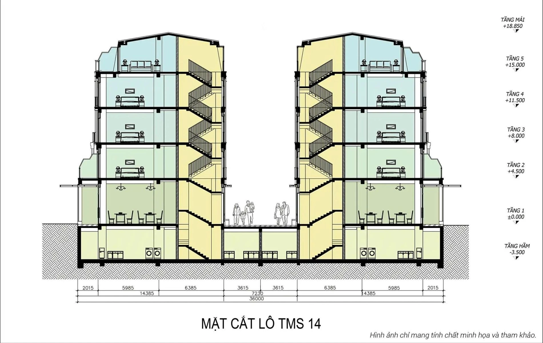 Bản vẽ mặt cắt đứng của mẫu shophouse TMS 14 tại Xanh Island Cát Bà