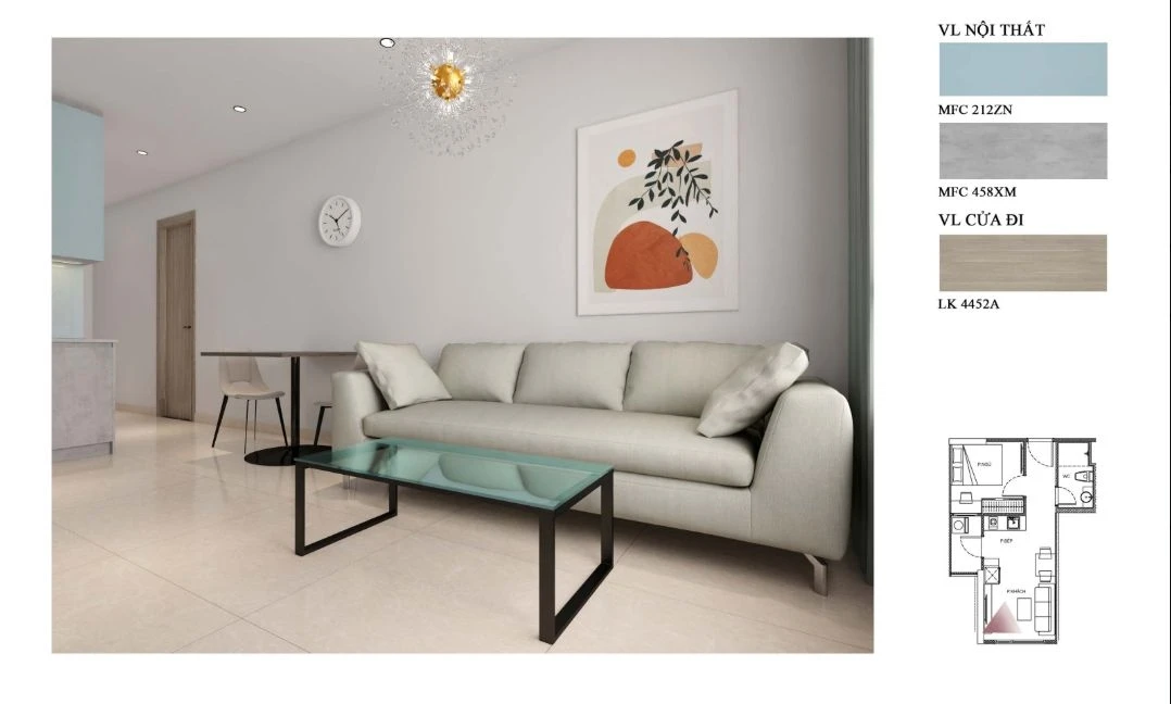 Bố trí sofa nỉ màu xám nhạt và tranh treo tường nghệ thuật tại phòng khách The Origami.