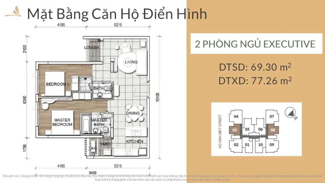 Layout thiết kế căn hộ 2 phòng ngủ Executive dự án Zenity CapitaLand diện tích 69.30 m2