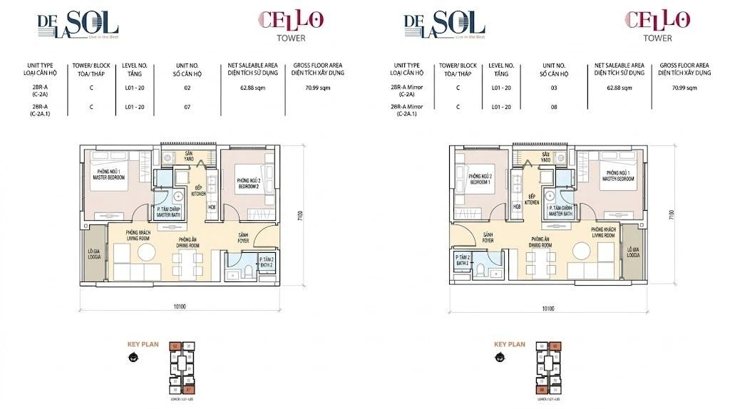 Bản vẽ layout căn hộ 2 phòng ngủ loại A diện tích 62.88 m2 tháp Cello dự án De La Sol