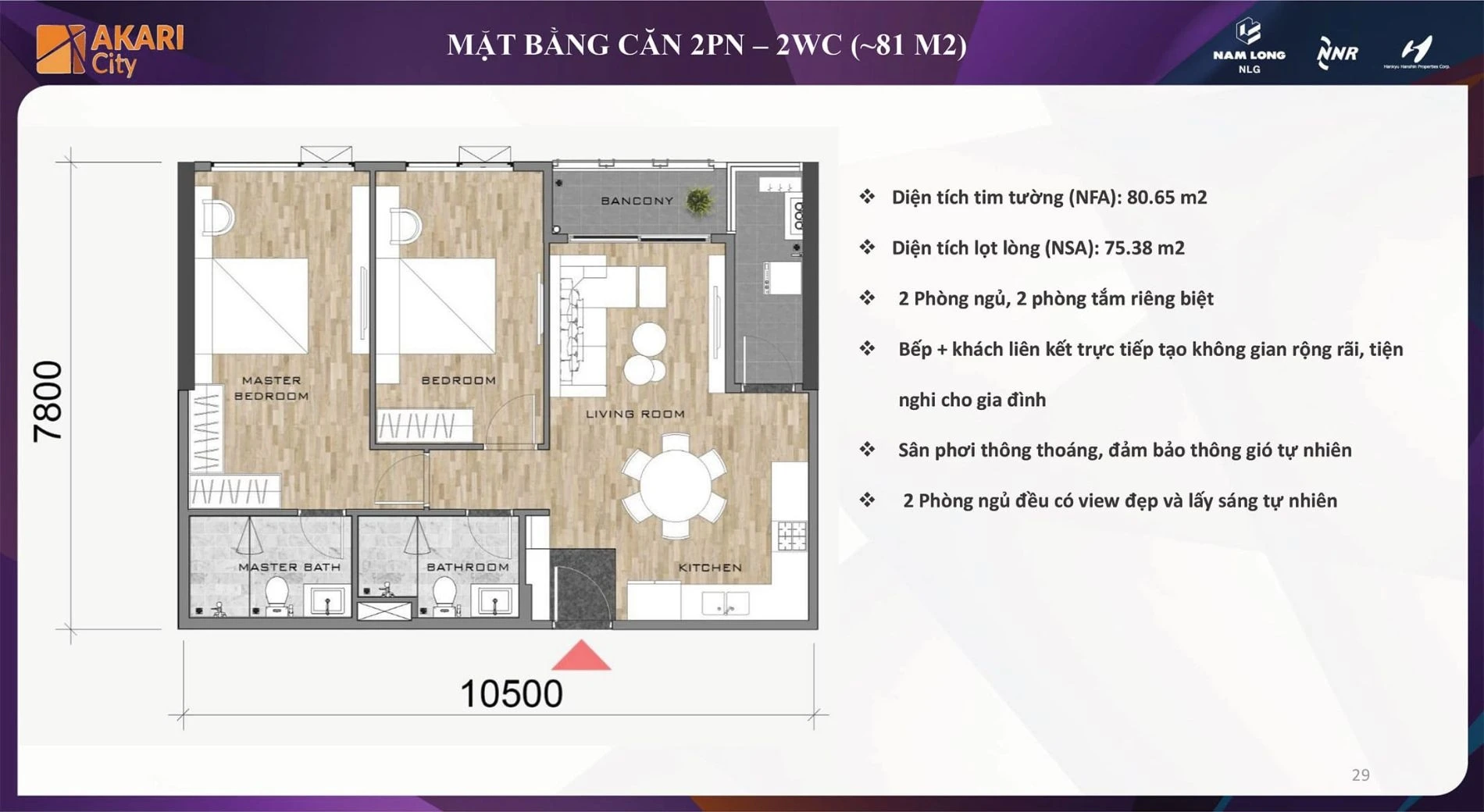 Bản vẽ bóc mái thiết kế căn hộ 2 phòng ngủ 2 nhà vệ sinh diện tích 81m2 dự án Akari City