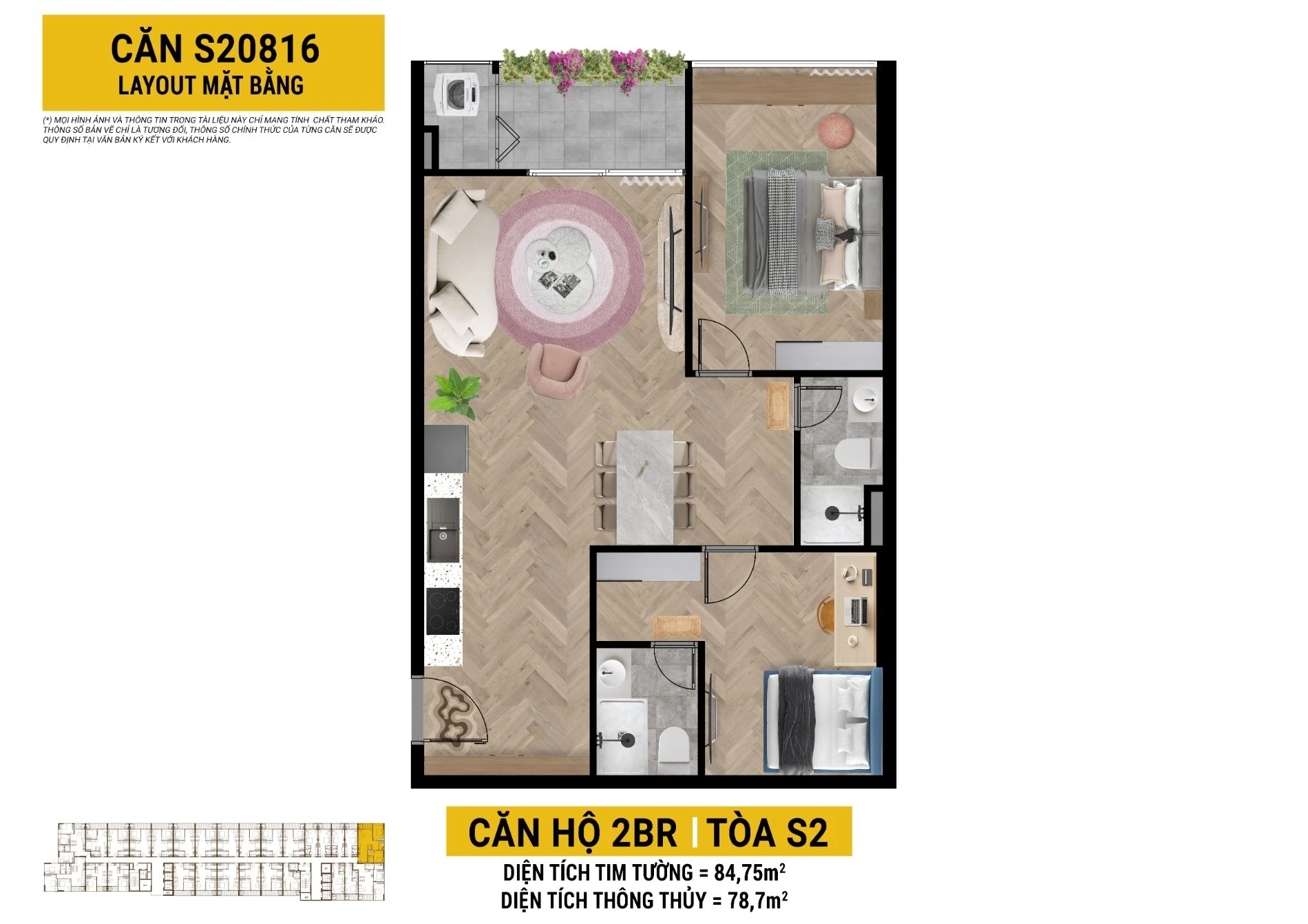 Layout thiết kế chi tiết căn hộ 2 phòng ngủ diện tích 78.7 m2 tại dự án Spana Tower Đà Nẵng