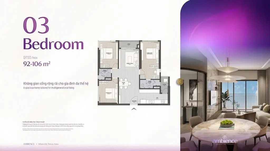 Chi tiết layout căn hộ 3 phòng ngủ diện tích 92 - 106 m2 dành cho gia đình đa thế hệ tại The Ambience Hải Phòng