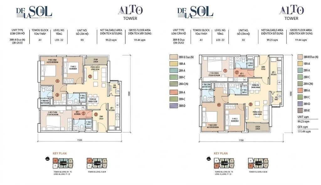 Sơ đồ layout căn hộ 3 phòng ngủ Duo Key diện tích 99.23 m2 tháp Alto dự án De La Sol