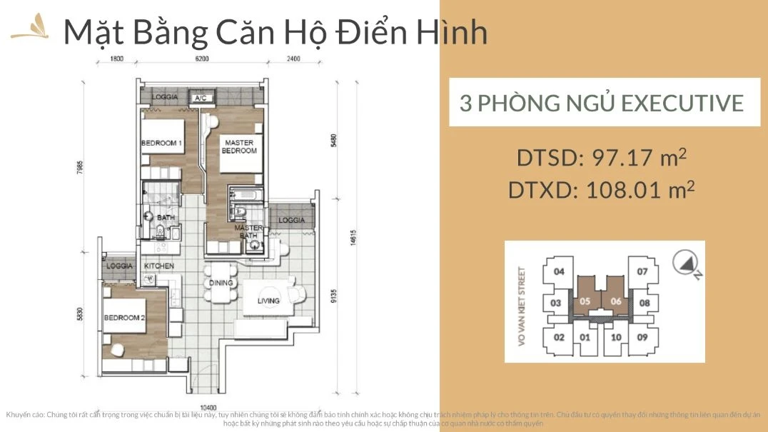 Layout thiết kế căn hộ 3 phòng ngủ Executive dự án Zenity CapitaLand diện tích 97.17 m2