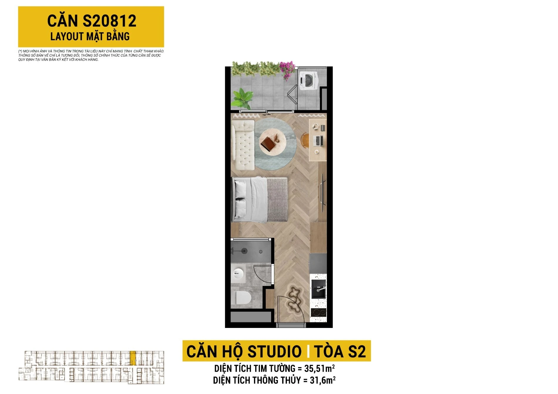 Layout thiết kế chi tiết căn hộ Studio diện tích 31.6 m2 tại dự án Spana Tower Đà Nẵng