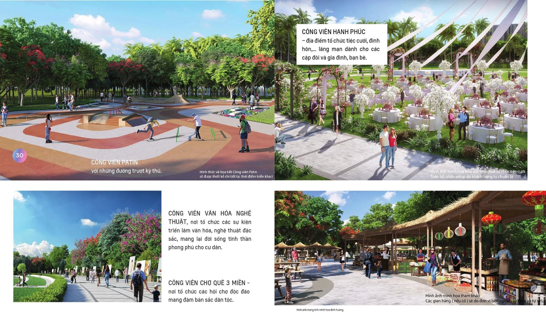 Các khu vực công viên chủ đề như công viên patin và chợ quê tại Vinhomes Grand Park