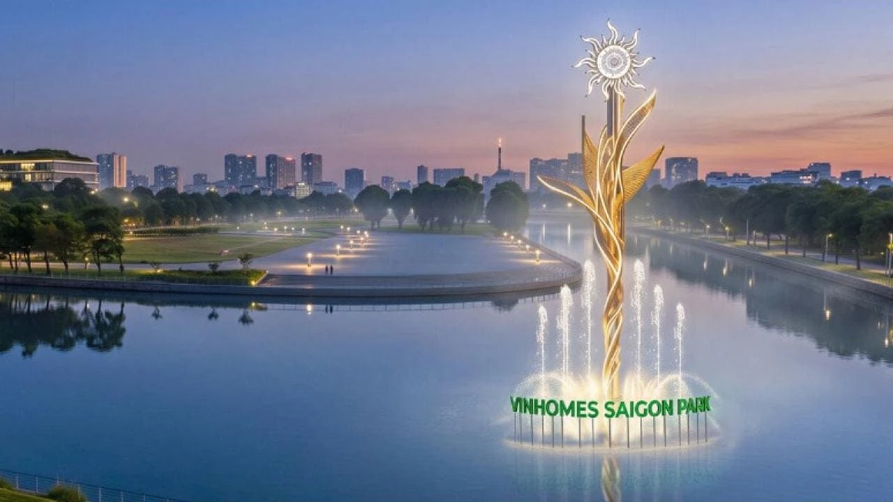 Công trình tháp hoa biểu tượng phát sáng rực rỡ trên mặt hồ tại Vinhomes Sài Gòn Park